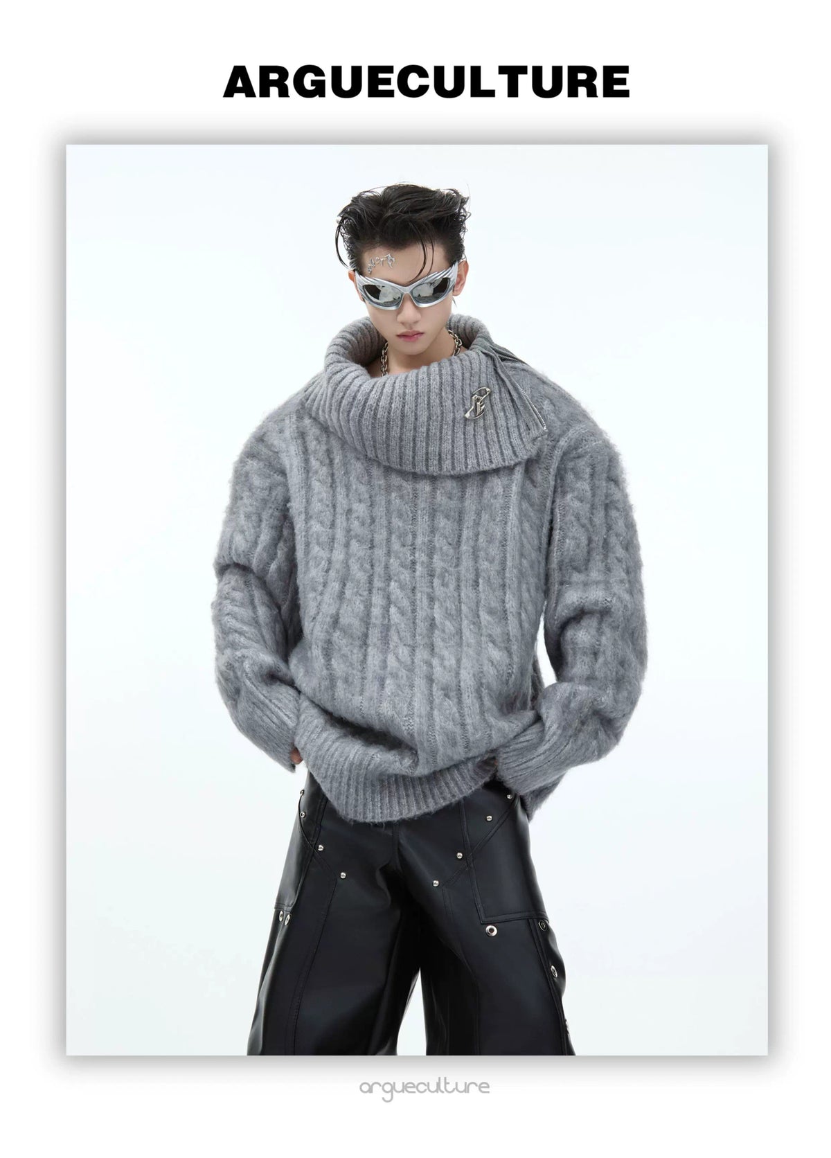 Split-Neck Oversized Knit Sweater in Beige or Gray - description image 6
