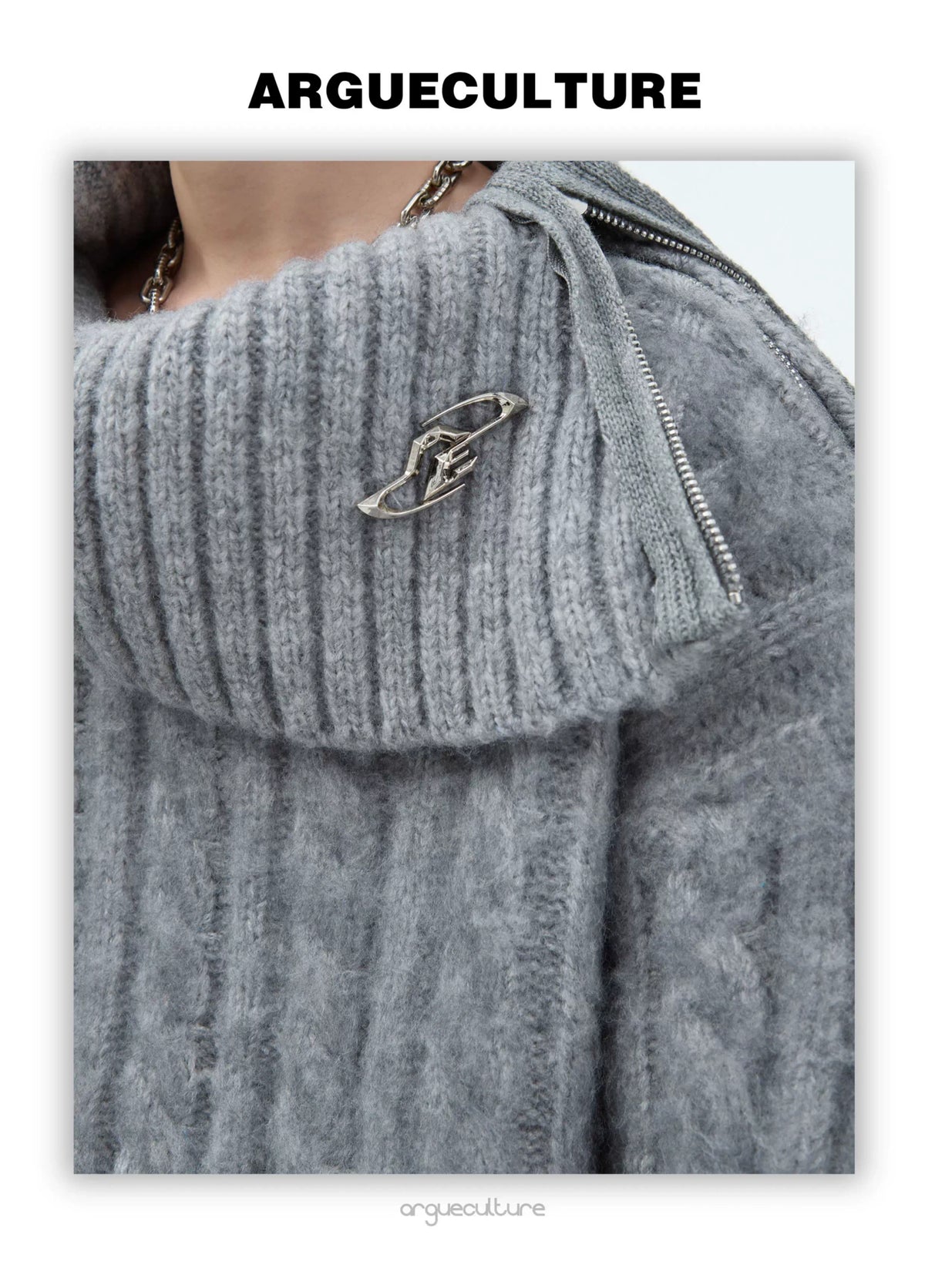 Split-Neck Oversized Knit Sweater in Beige or Gray - description image 7