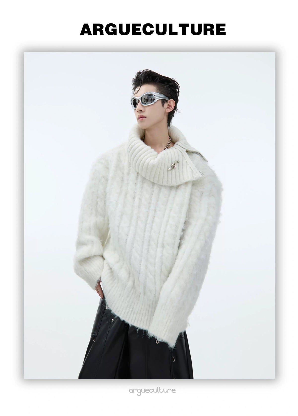 Split-Neck Oversized Knit Sweater in Beige or Gray - description image 8