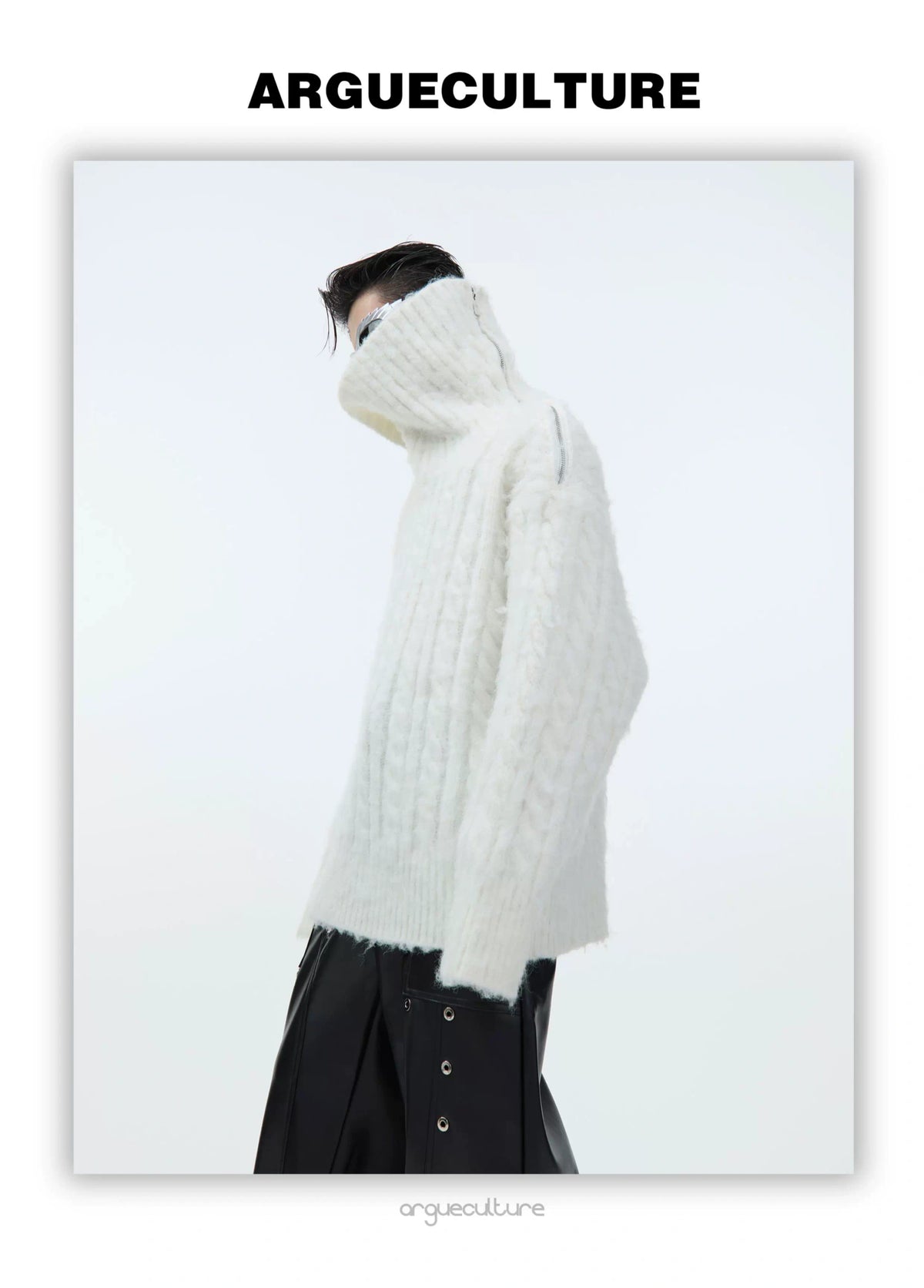 Split-Neck Oversized Knit Sweater in Beige or Gray - description image 9