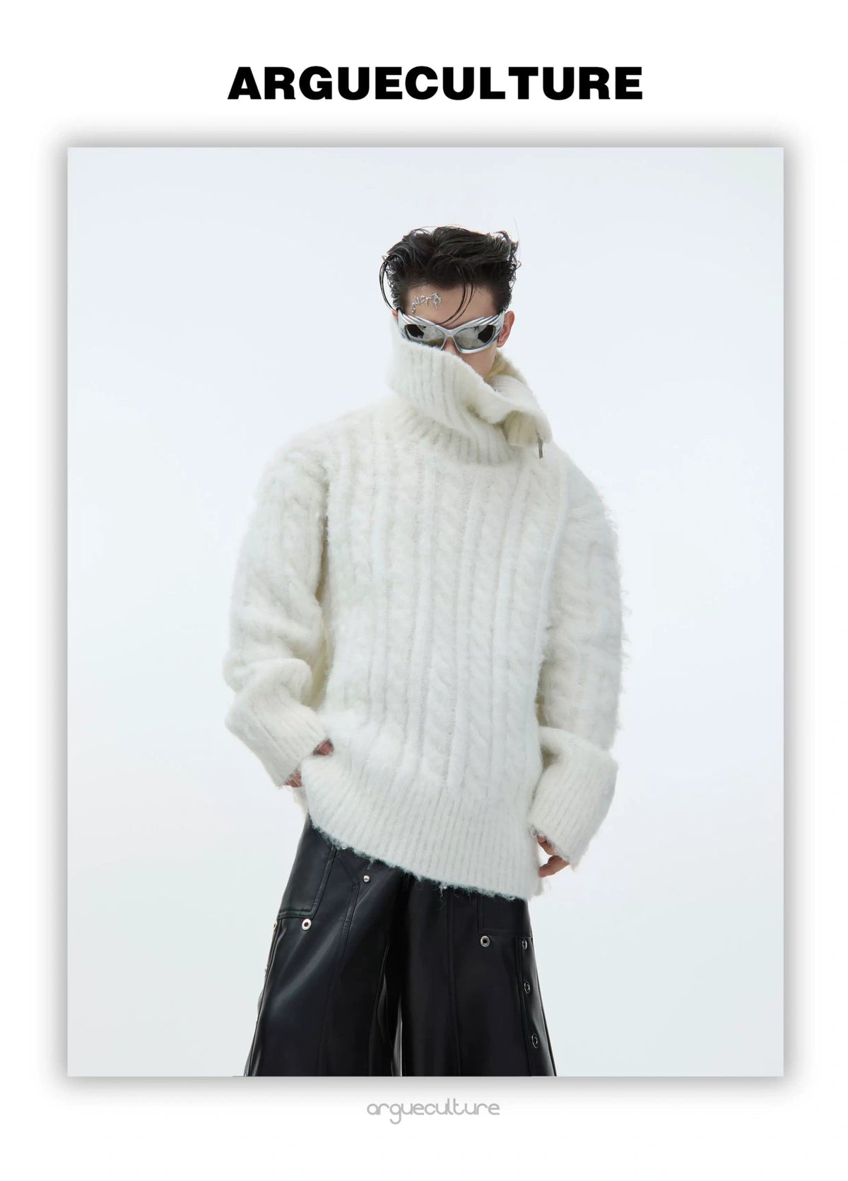Split-Neck Oversized Knit Sweater in Beige or Gray - description image 10