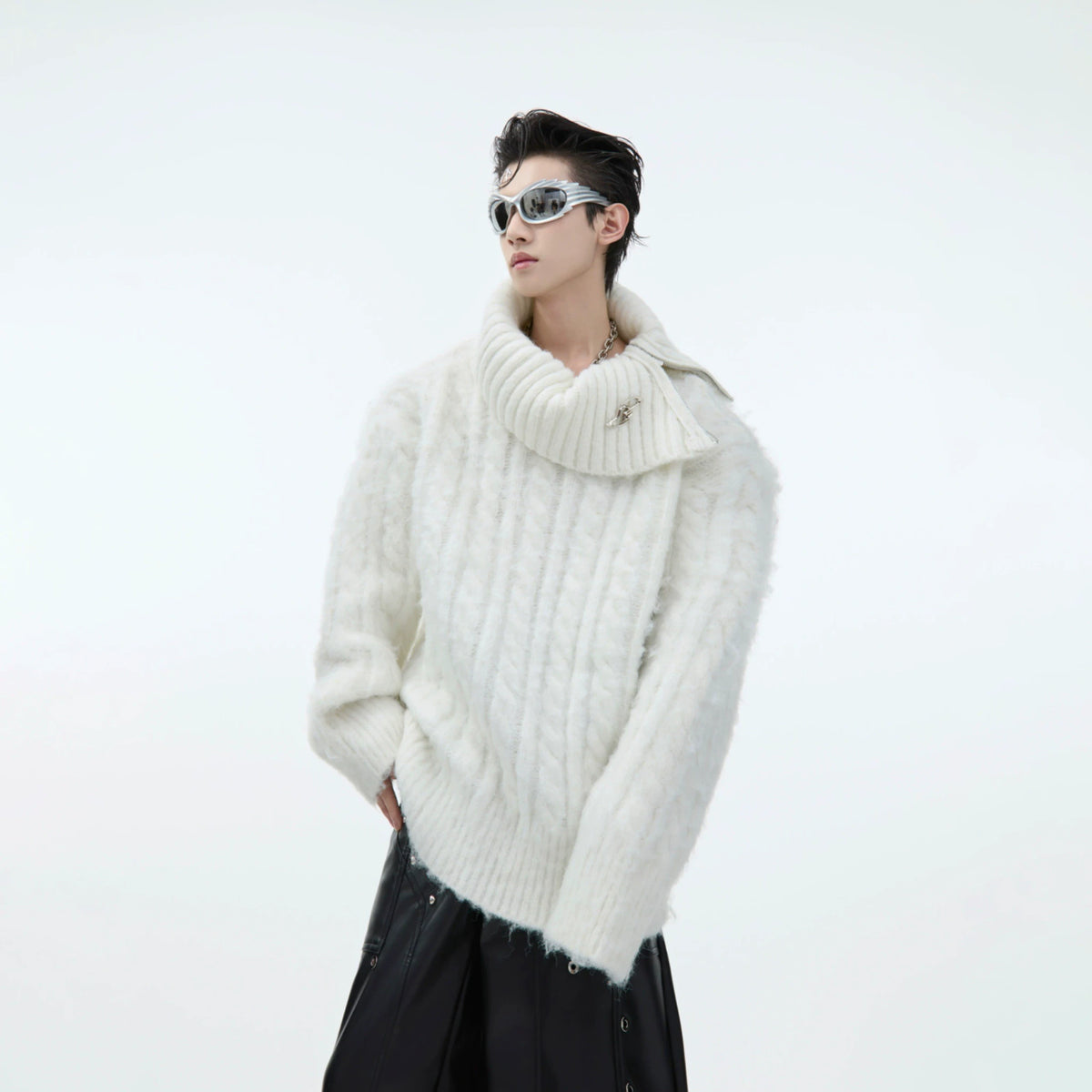 Split-Neck Oversized Knit Sweater in Beige or Gray - main image 1