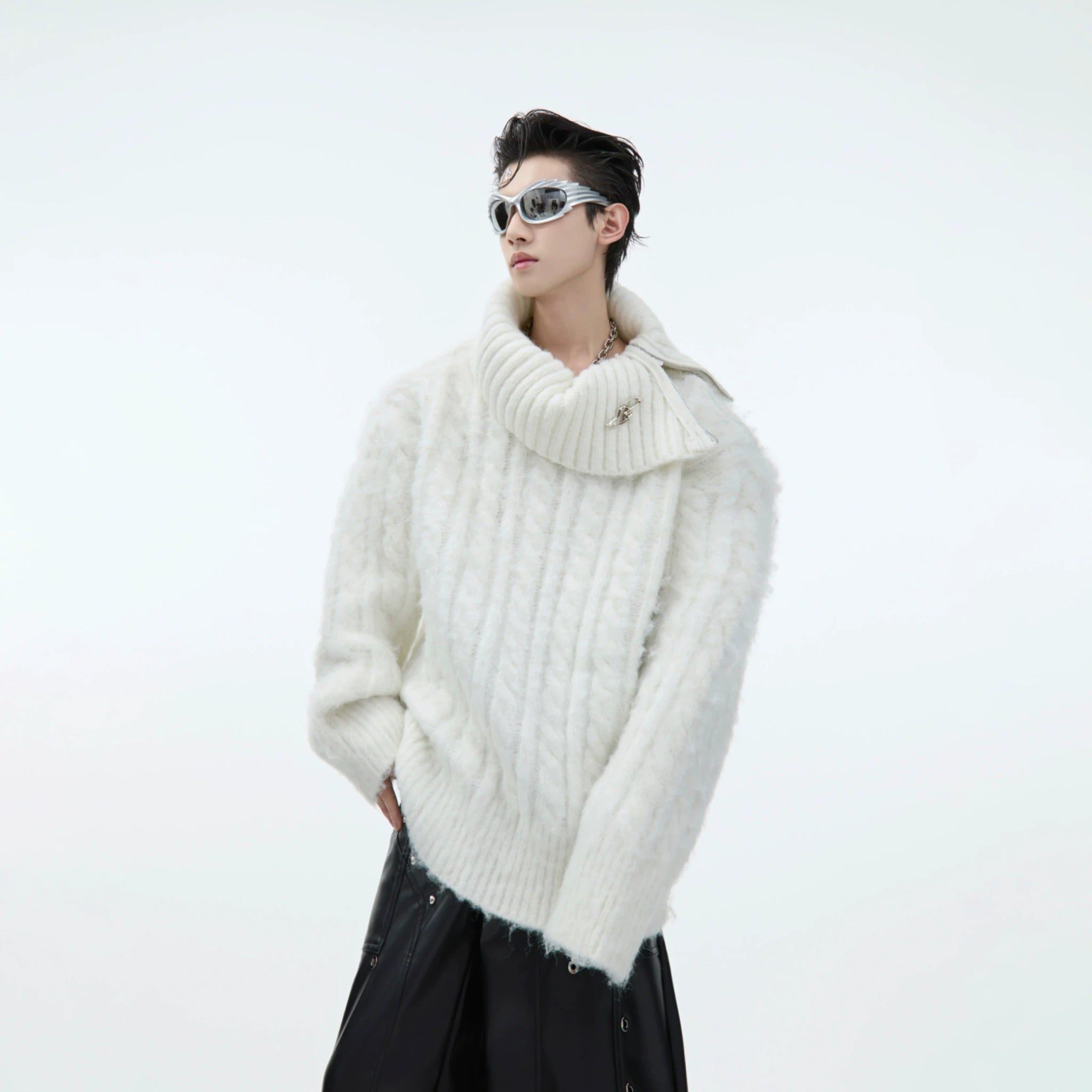 Split-Neck Oversized Knit Sweater in Beige or Gray - main image 1