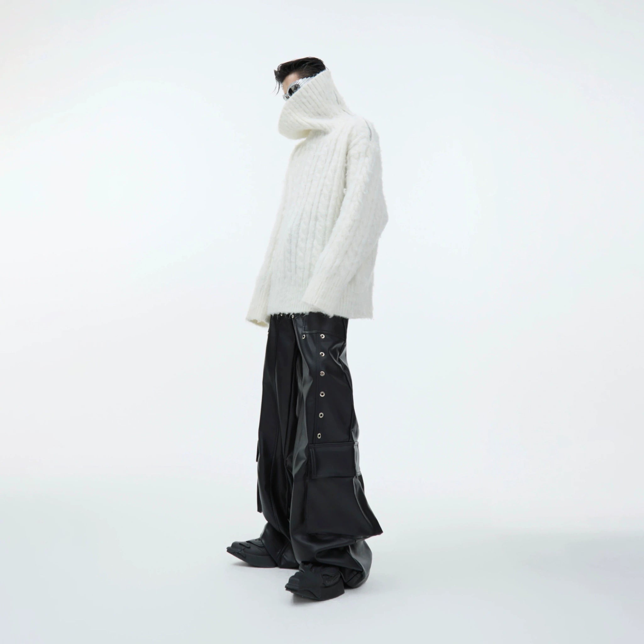 Split-Neck Oversized Knit Sweater in Beige or Gray - main image 3