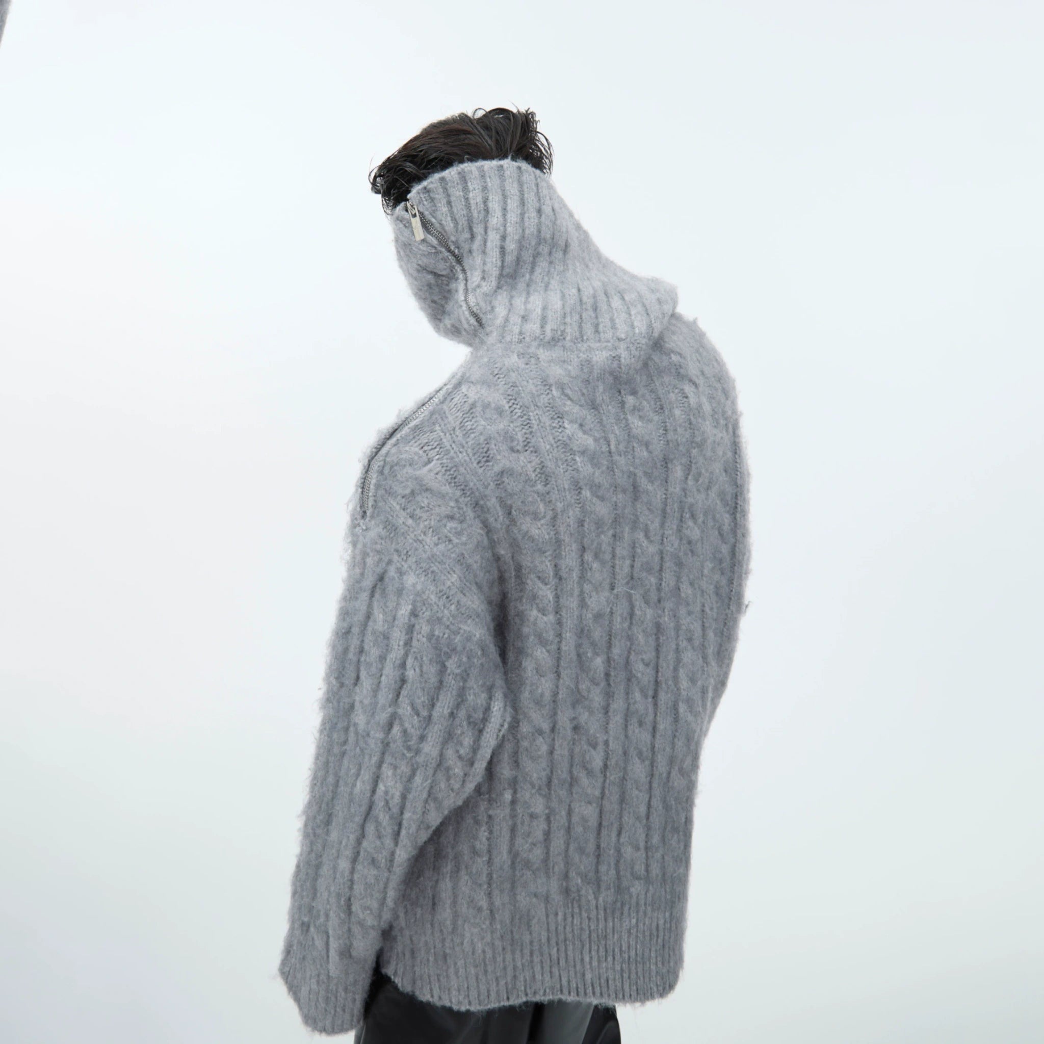 Split-Neck Oversized Knit Sweater in Beige or Gray - main image 5