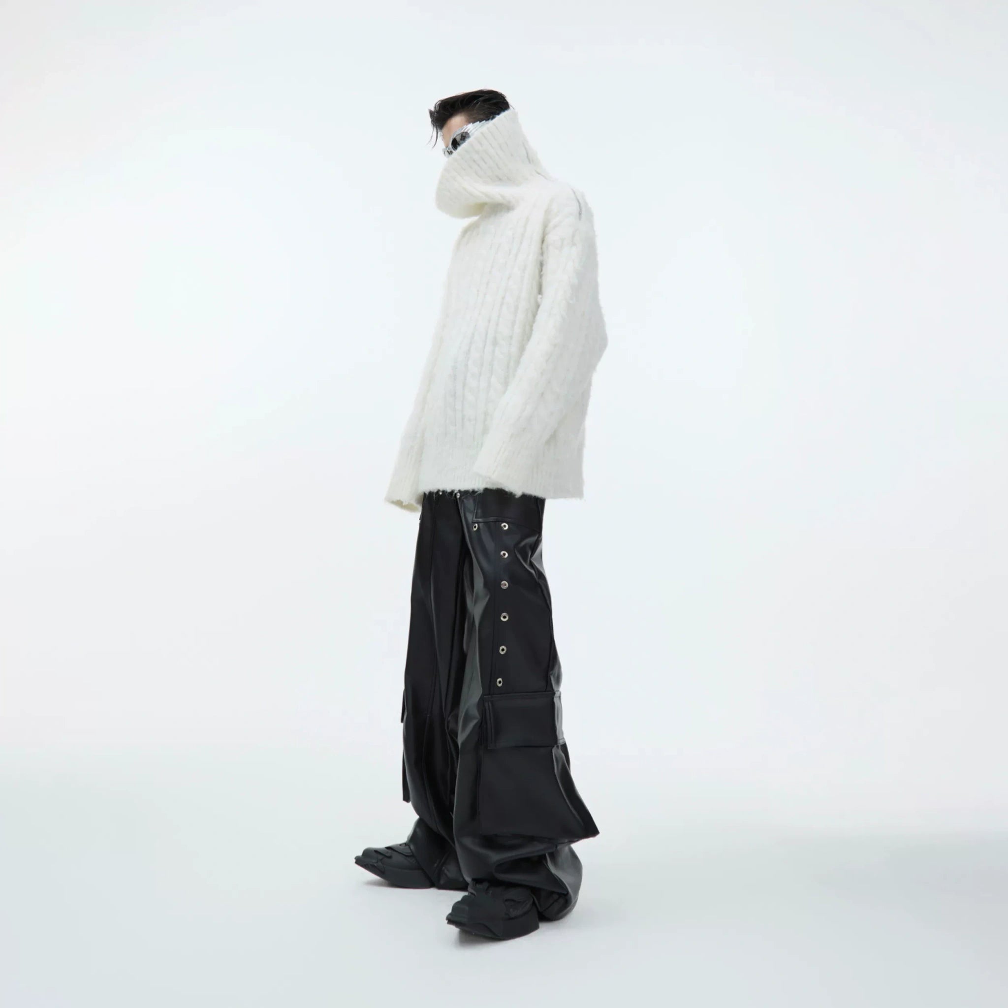 Split-Neck Oversized Knit Sweater in Beige or Gray - Beige