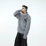 Split-Neck Oversized Knit Sweater in Beige or Gray - Deep Gray