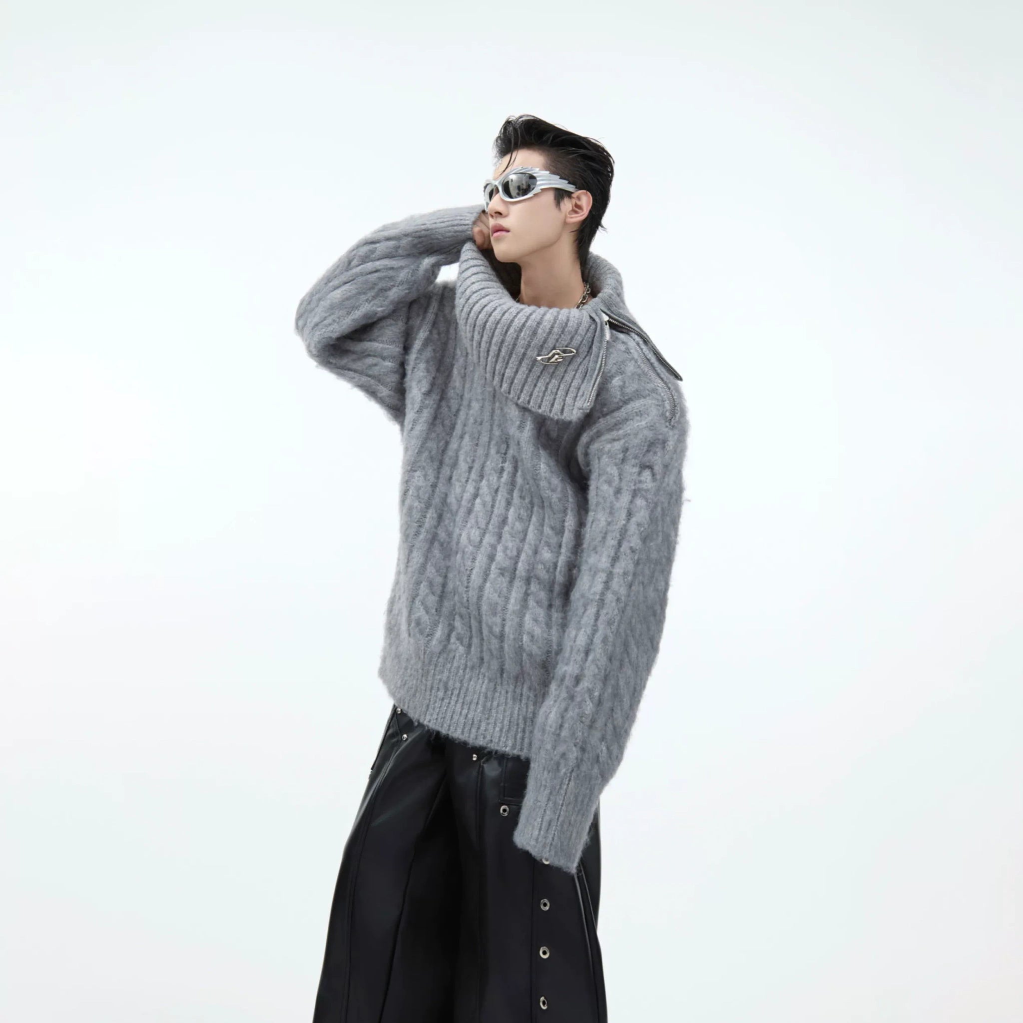 Split-Neck Oversized Knit Sweater in Beige or Gray - Deep Gray