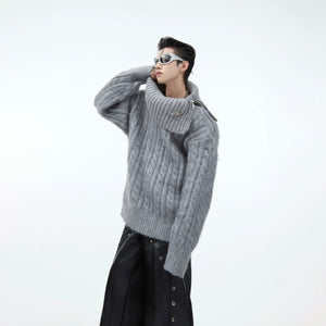 Split-Neck Oversized Knit Sweater in Beige or Gray - Deep Gray