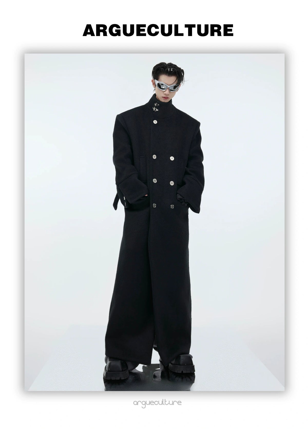 Stand-Collar Long Coat with Metal Aircraft Buckles - description image 6