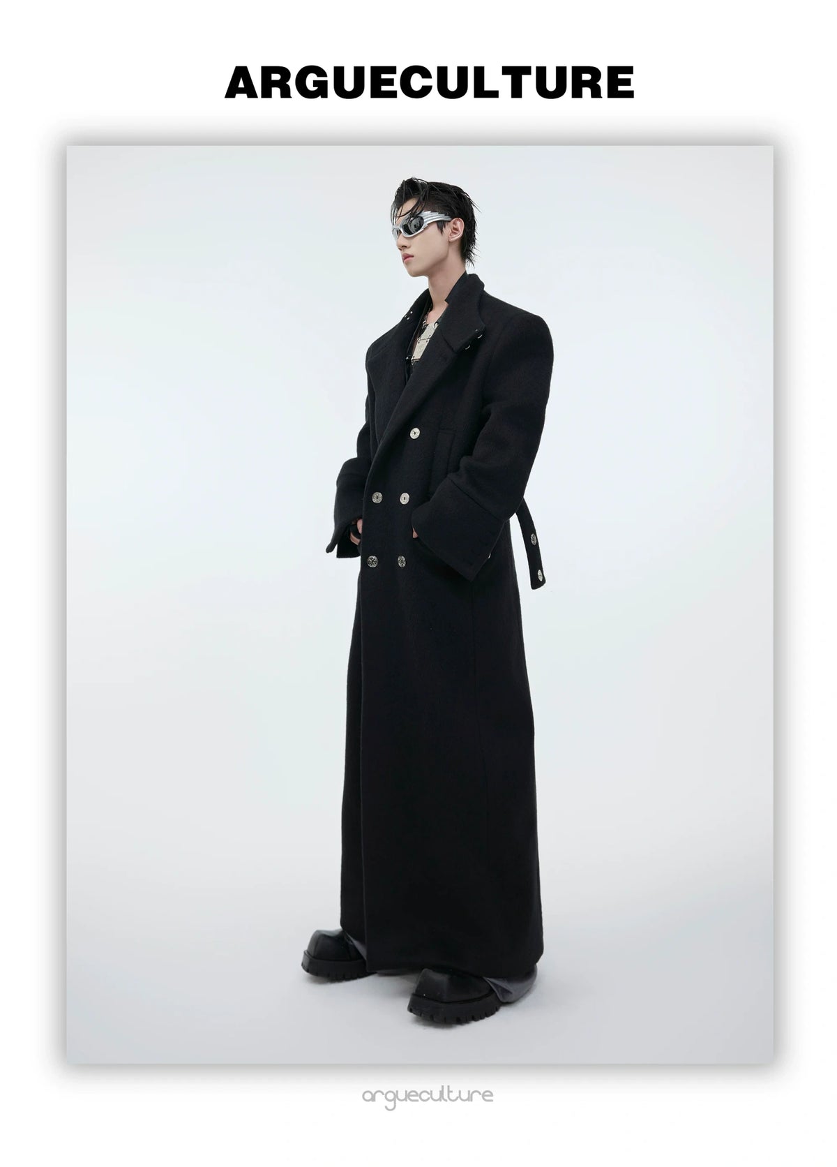 Stand-Collar Long Coat with Metal Aircraft Buckles - description image 9