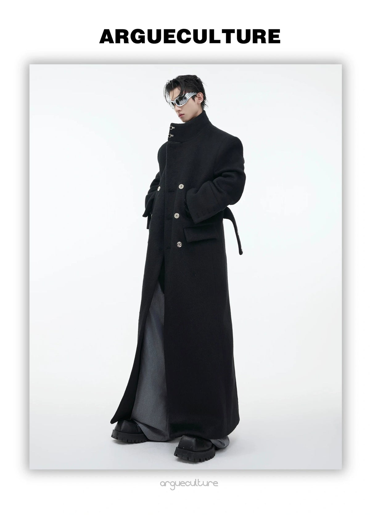 Stand-Collar Long Coat with Metal Aircraft Buckles - description image 10
