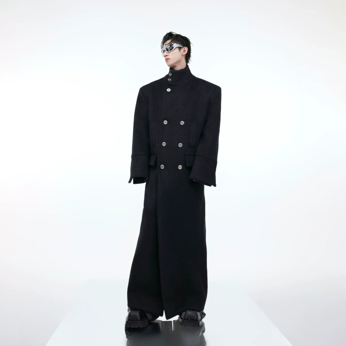 Stand-Collar Long Coat with Metal Aircraft Buckles - main image 5