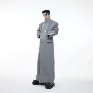 Stand-Collar Long Coat with Metal Aircraft Buckles - Gray