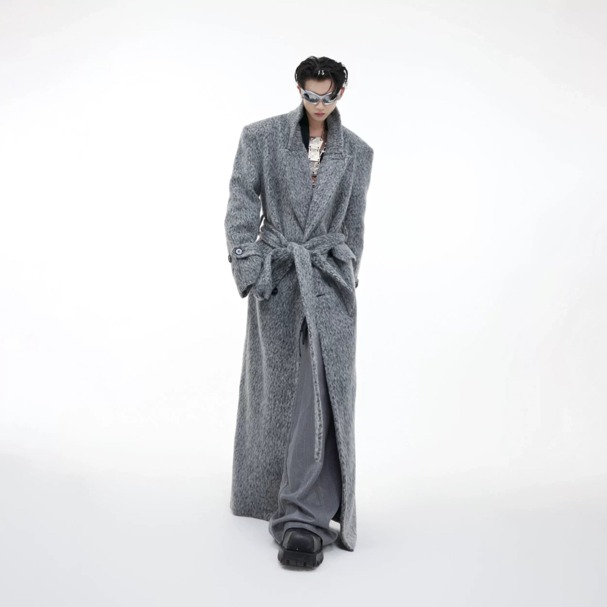Belted Double-Breasted Wool-Blend Mid-Length Coat - Light Gray