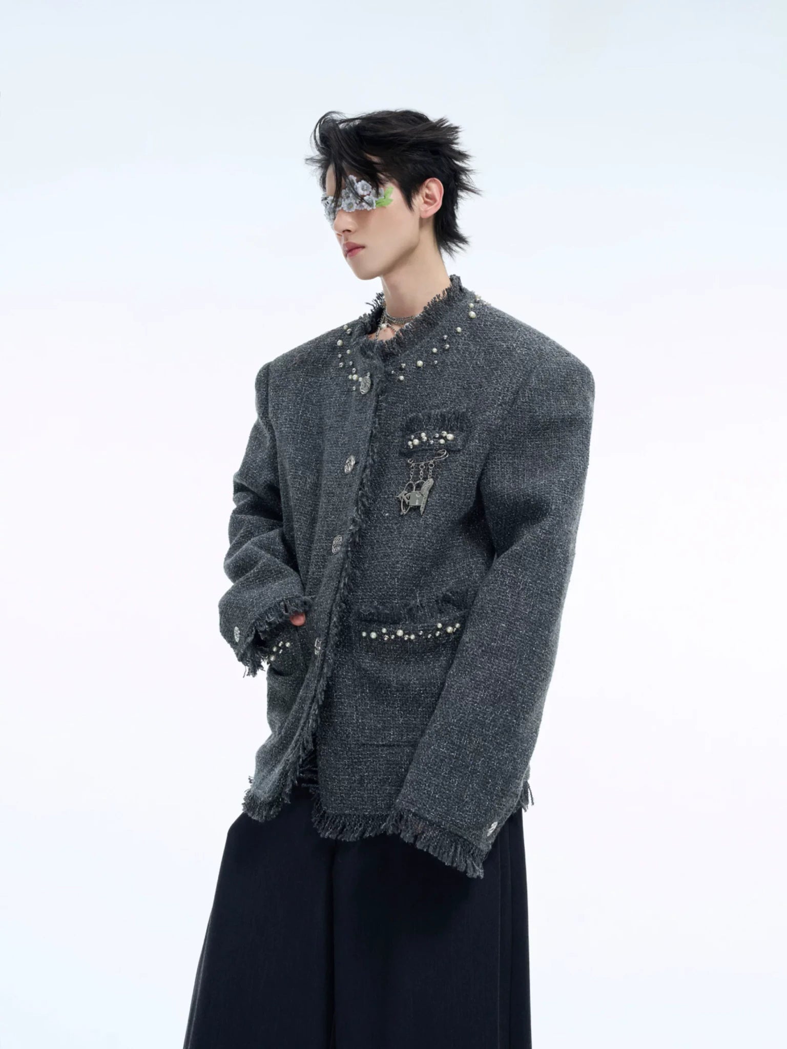 Pearl-Embellished Cropped Textured Jacket - main image 1