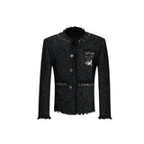 Pearl-Embellished Cropped Textured Jacket - Black Shirt
