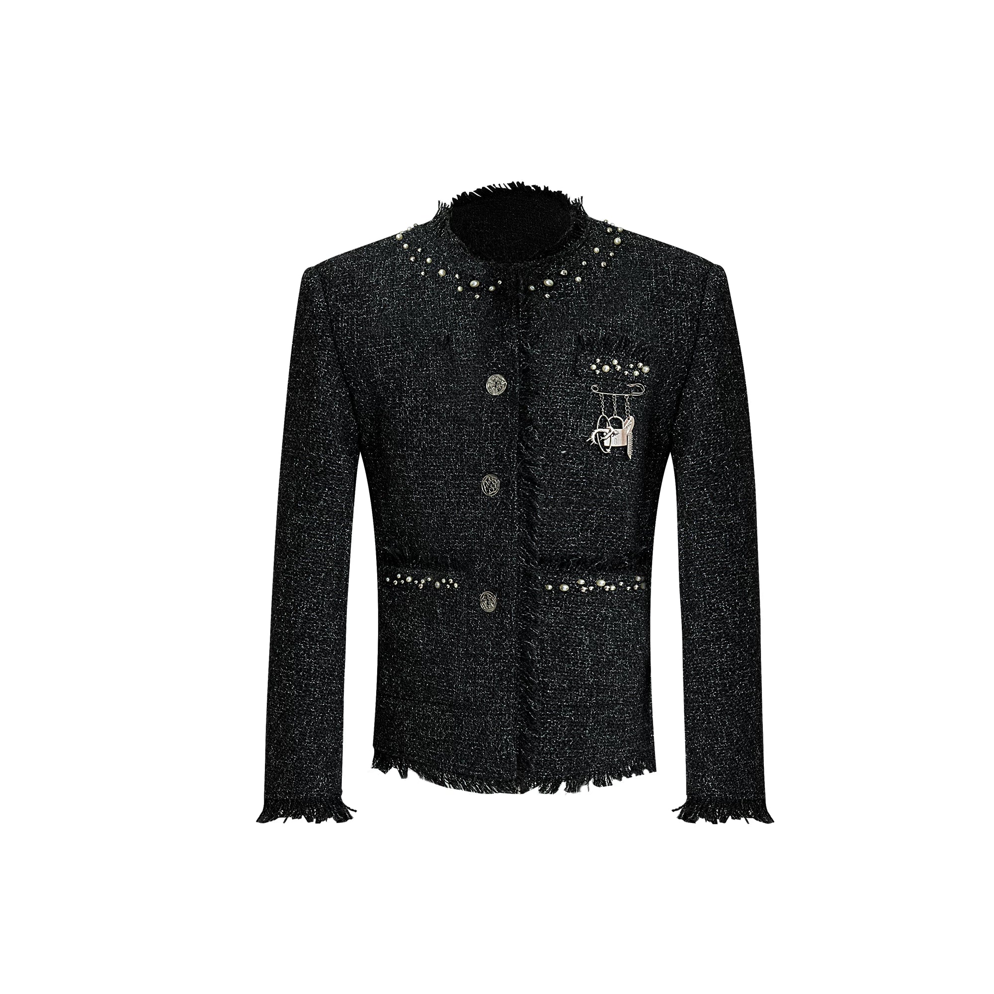 Pearl-Embellished Cropped Textured Jacket - Black Shirt