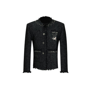 Pearl-Embellished Cropped Textured Jacket - Black Shirt