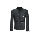 Pearl-Embellished Cropped Textured Jacket - Grey Shirt