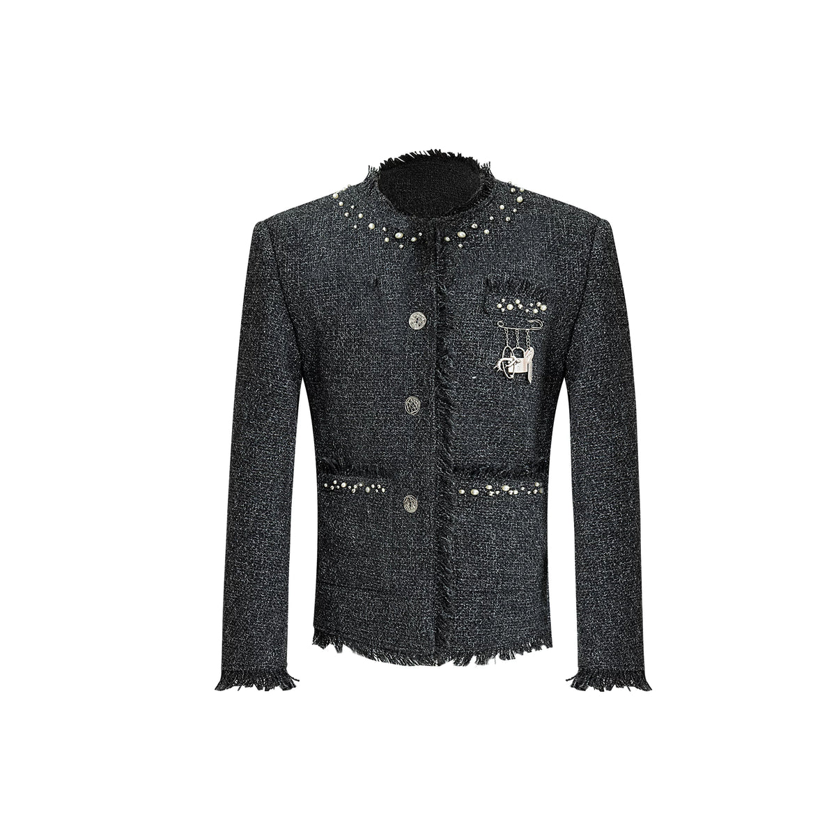 Pearl-Embellished Cropped Textured Jacket - Grey Shirt