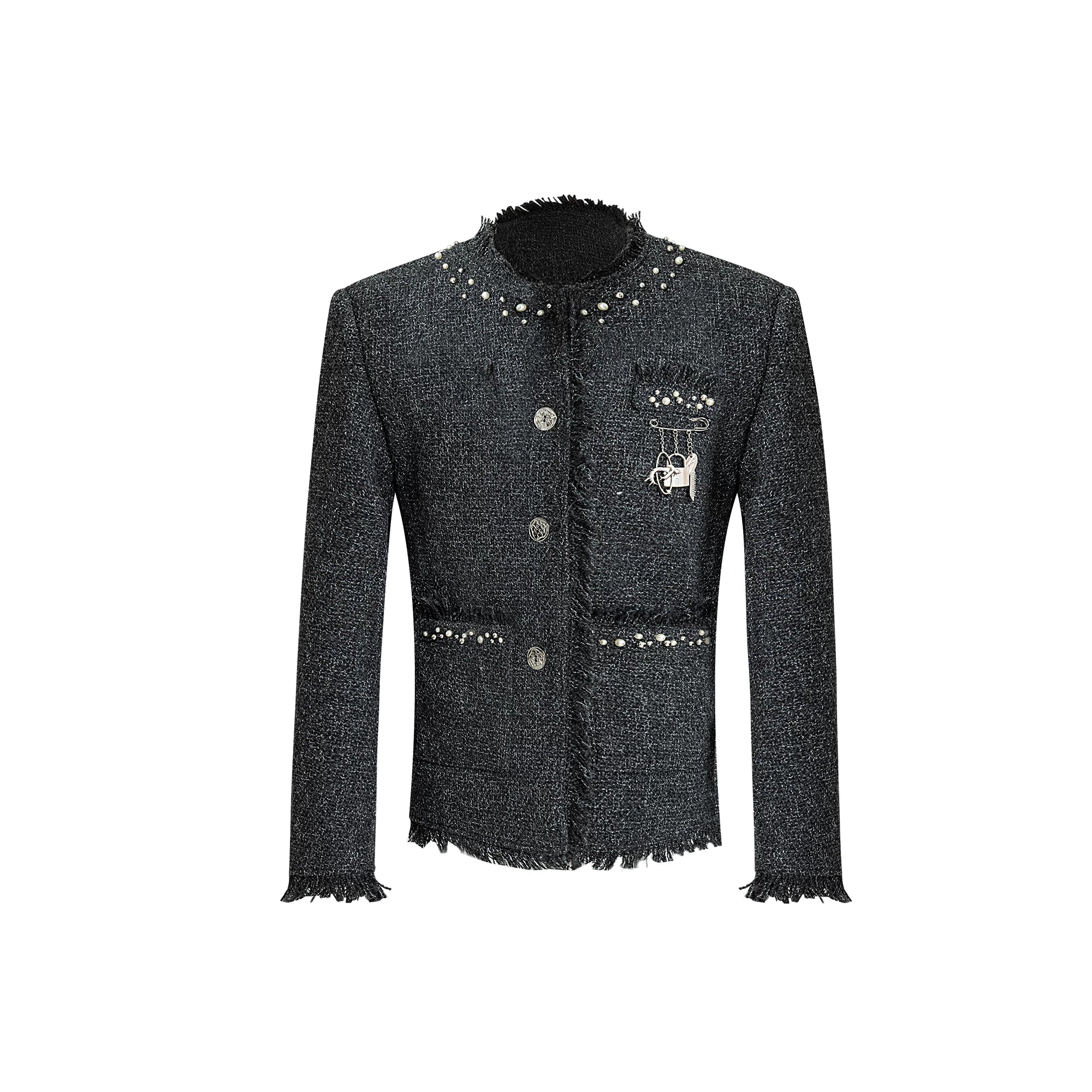 Pearl-Embellished Cropped Textured Jacket - Grey Shirt
