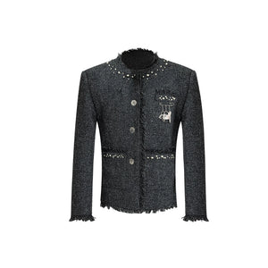 Pearl-Embellished Cropped Textured Jacket - Grey Shirt