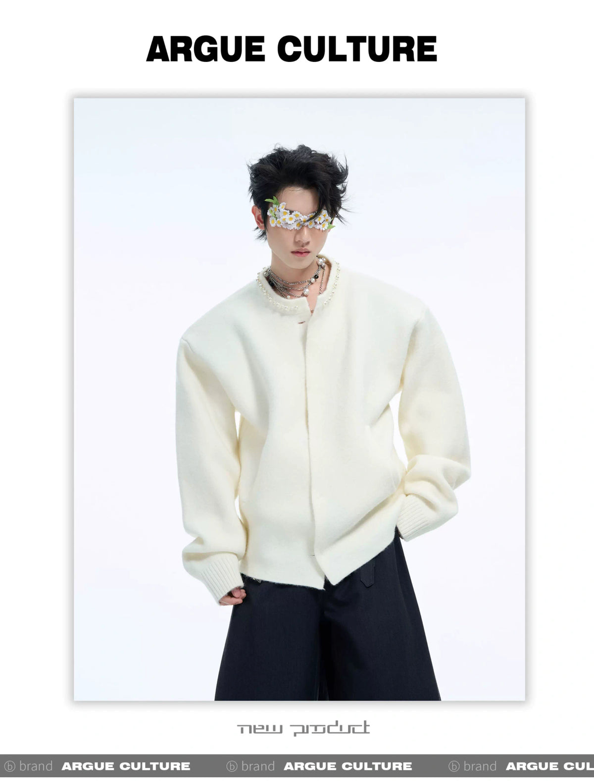 Pearl-Trimmed Short Cardigan Sweater | Argue Culture - description image 1