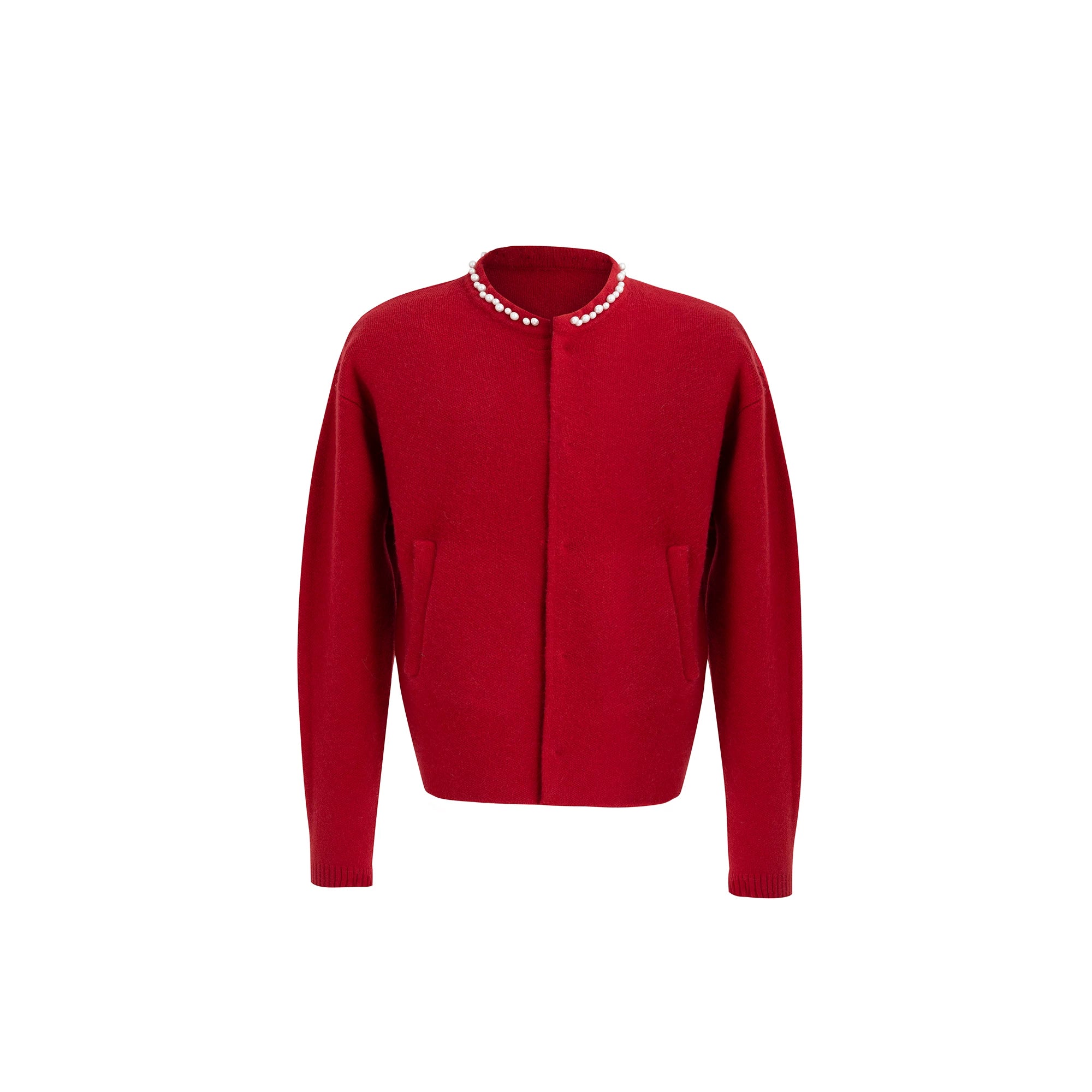 Pearl-Trimmed Short Cardigan Sweater | Argue Culture - Red