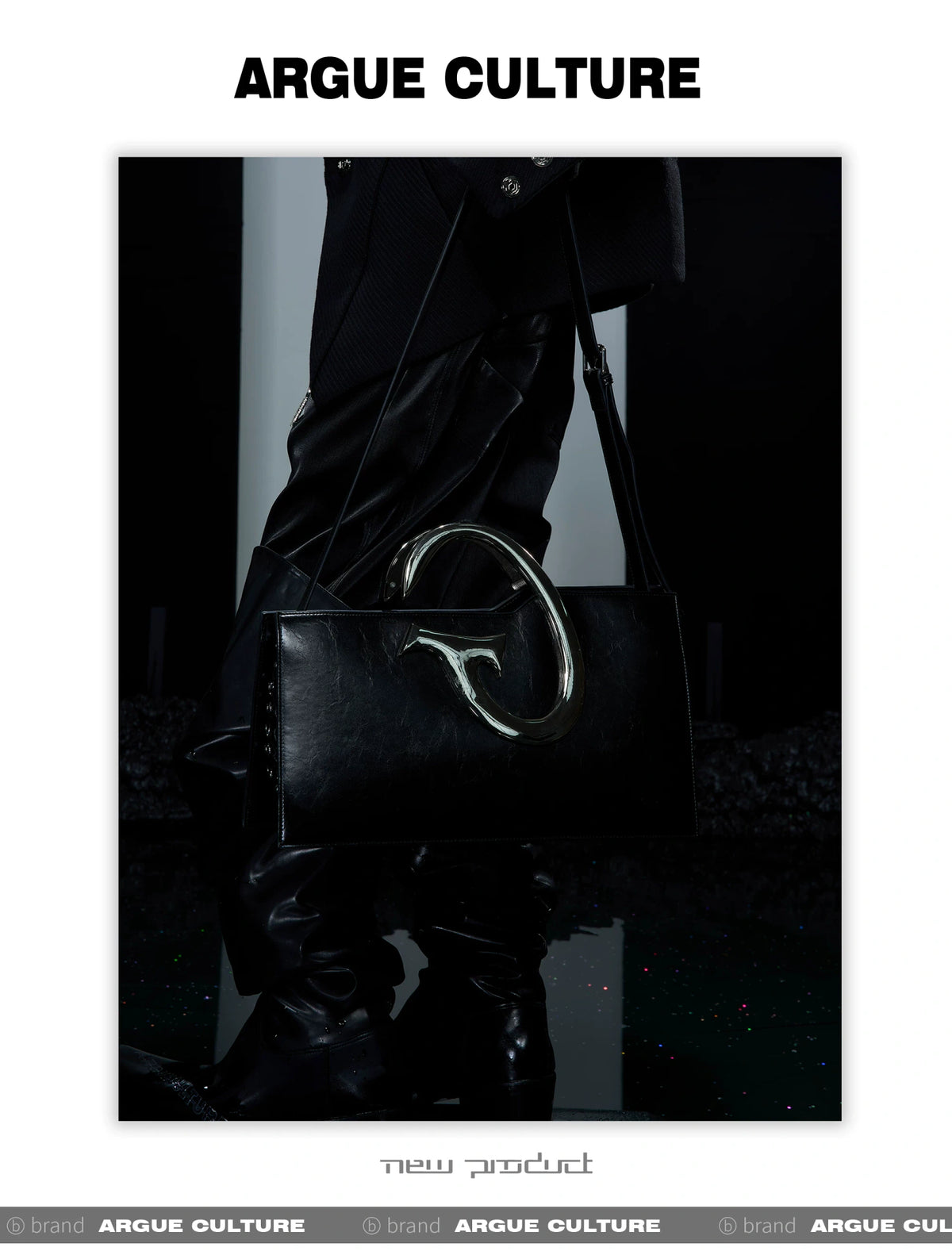 Black PU Trapezoid Shoulder Bag with Metal Handle - description image 5