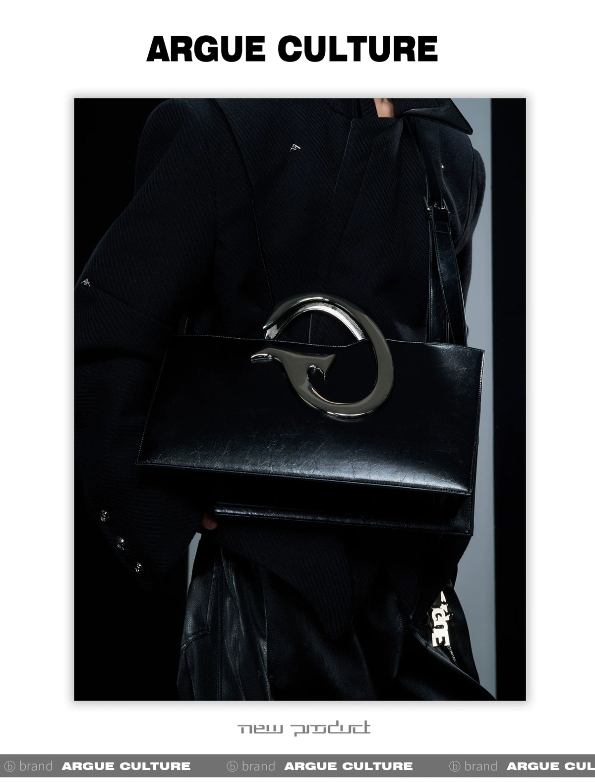 Black PU Trapezoid Shoulder Bag with Metal Handle - description image 6