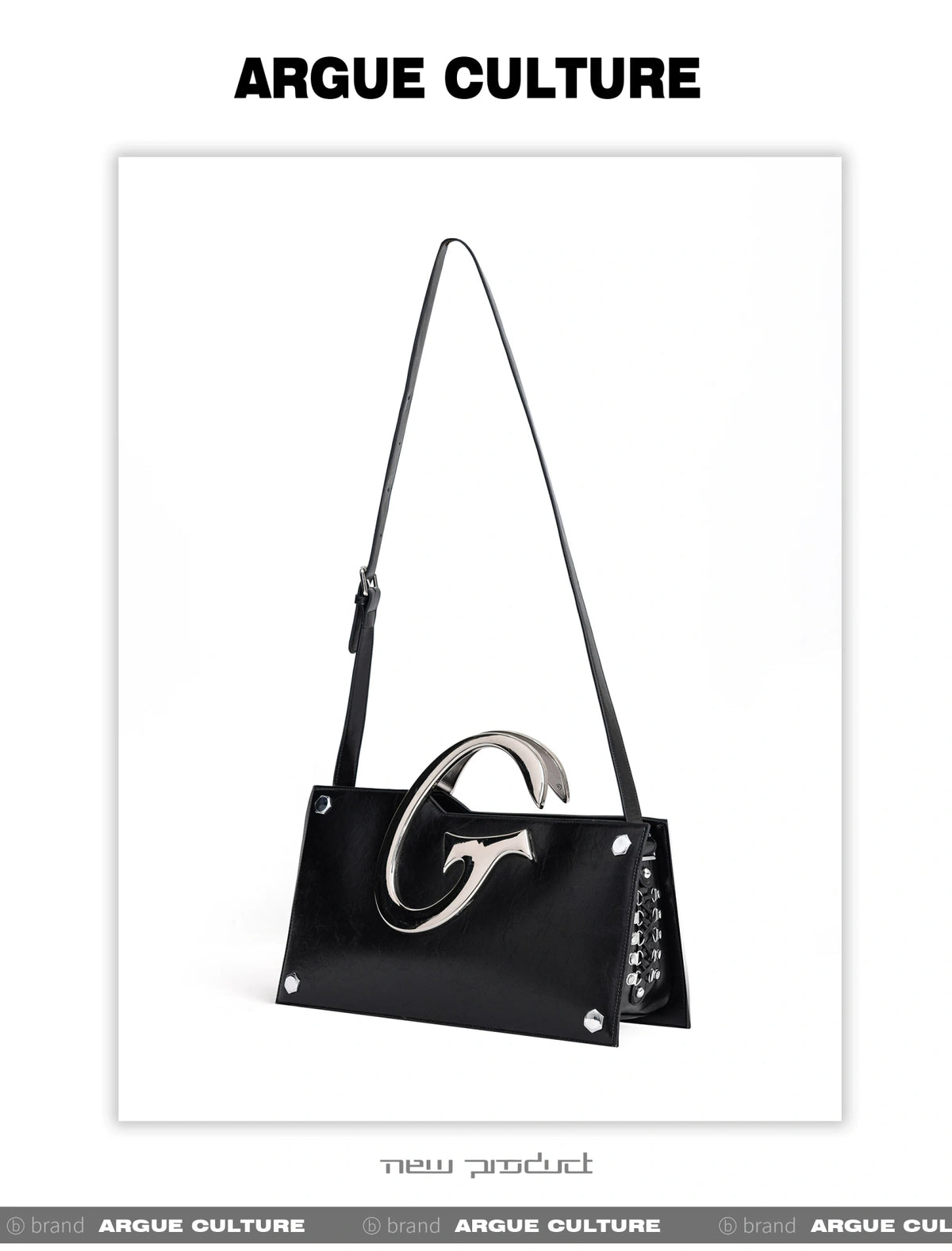 Black PU Trapezoid Shoulder Bag with Metal Handle - description image 7