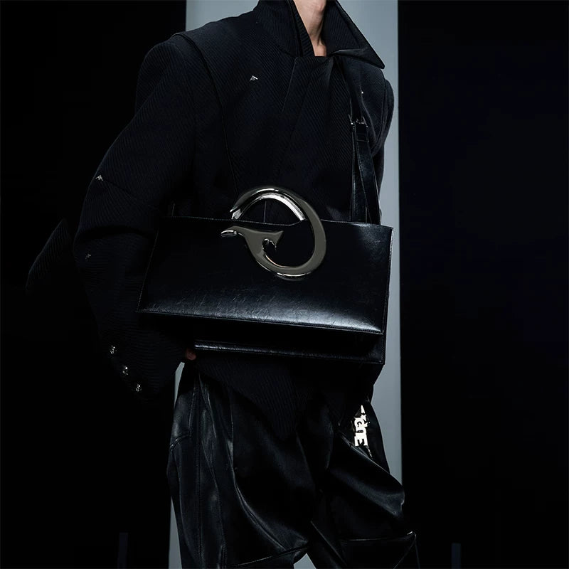 Black PU Trapezoid Shoulder Bag with Metal Handle - main image 2