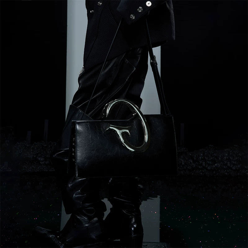 Black PU Trapezoid Shoulder Bag with Metal Handle - main image 3