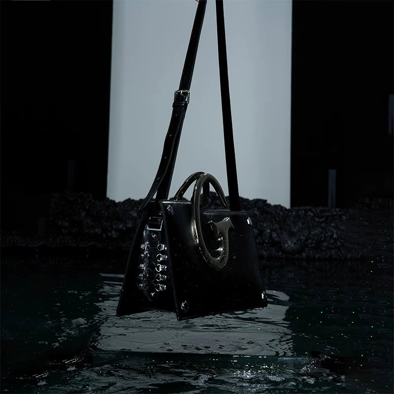 Black PU Trapezoid Shoulder Bag with Metal Handle - main image 5