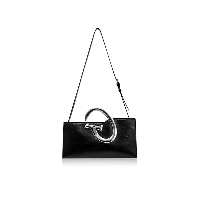 Black PU Trapezoid Shoulder Bag with Metal Handle - Black
