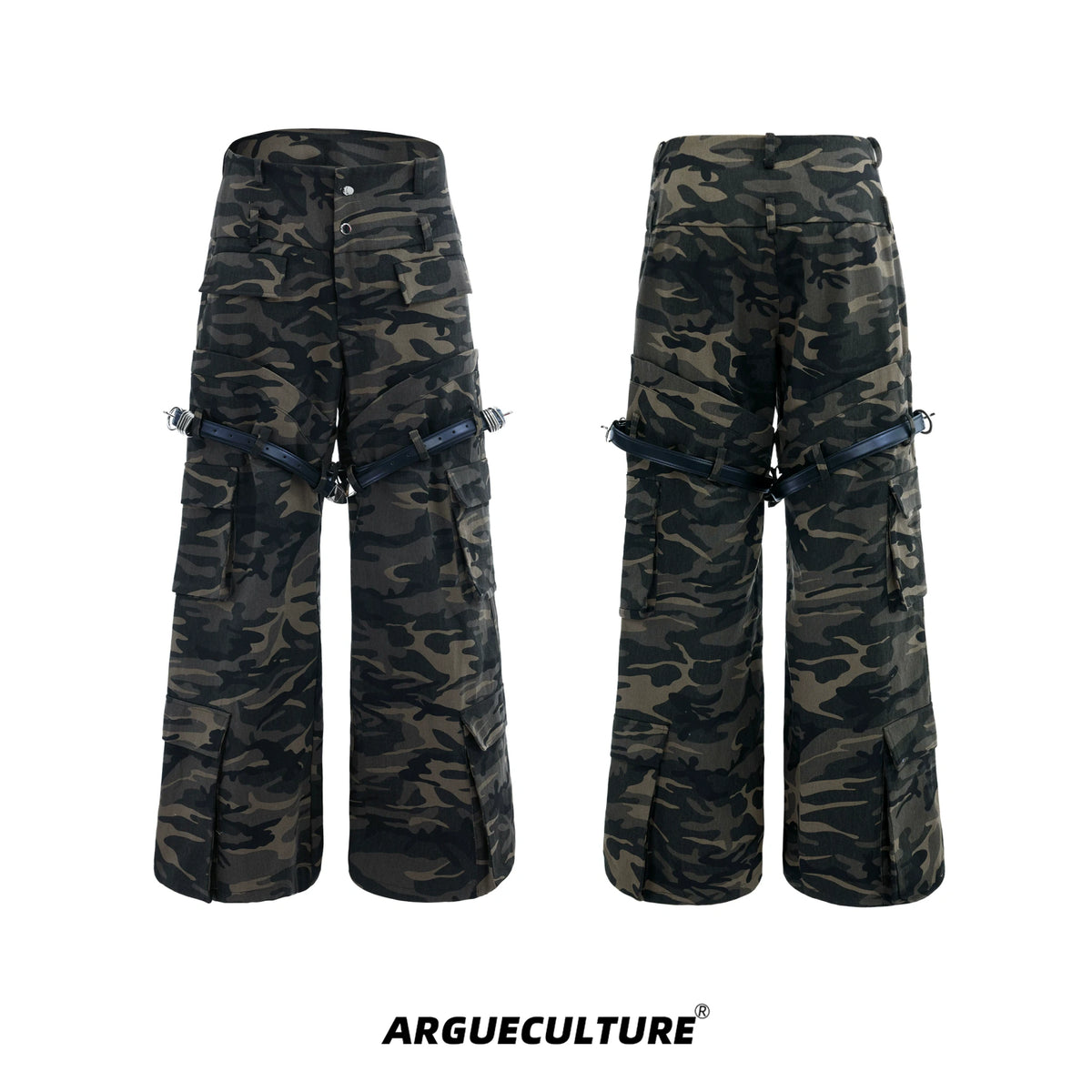 Green Camouflage Belted Cargo Pants | Streetwear - Green Camouflage