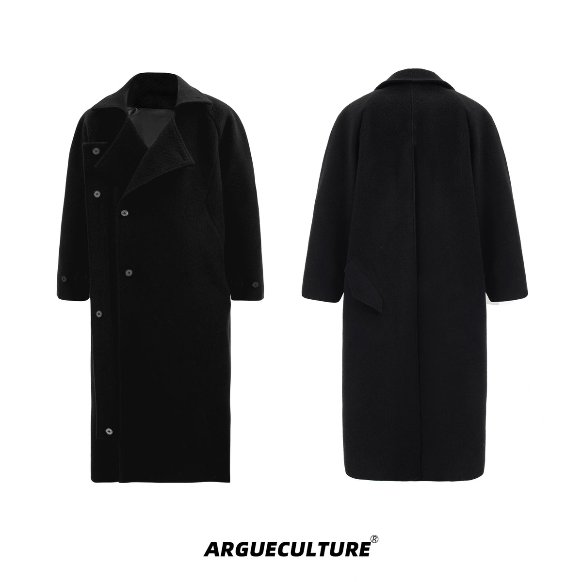 Longline Wool-Blend Overcoat with Dropped Shoulders - Black