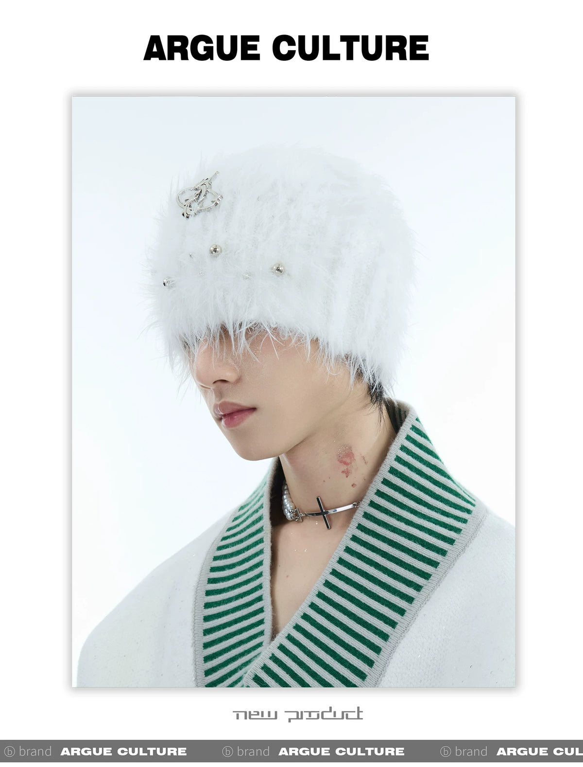 Fuzzy Knit Flat-Brim Hat with Geometric Color Blocking - description image 2