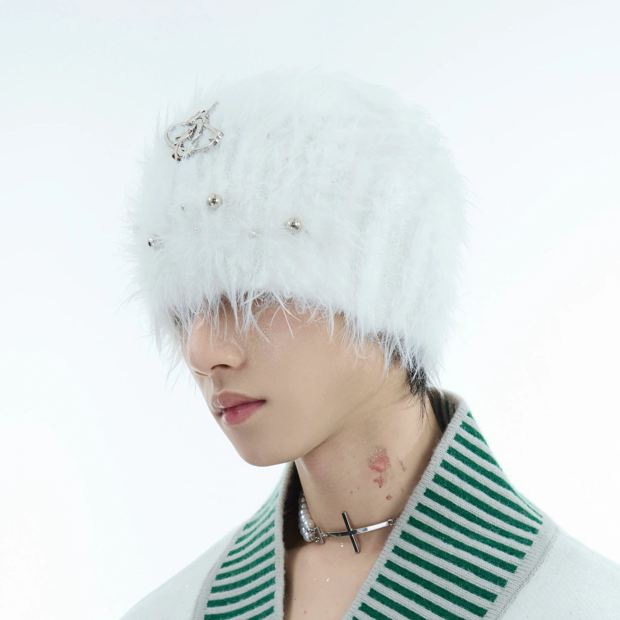 Fuzzy Knit Flat-Brim Hat with Geometric Color Blocking - main image 3
