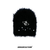Fuzzy Knit Flat-Brim Hat with Geometric Color Blocking - Black