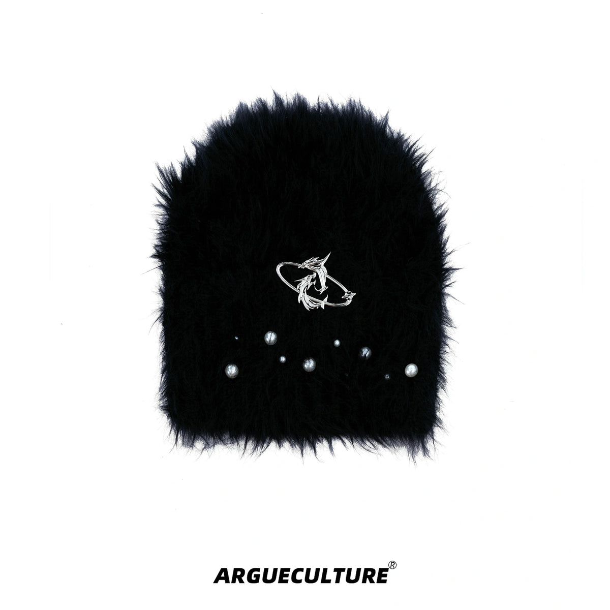 Fuzzy Knit Flat-Brim Hat with Geometric Color Blocking - Black