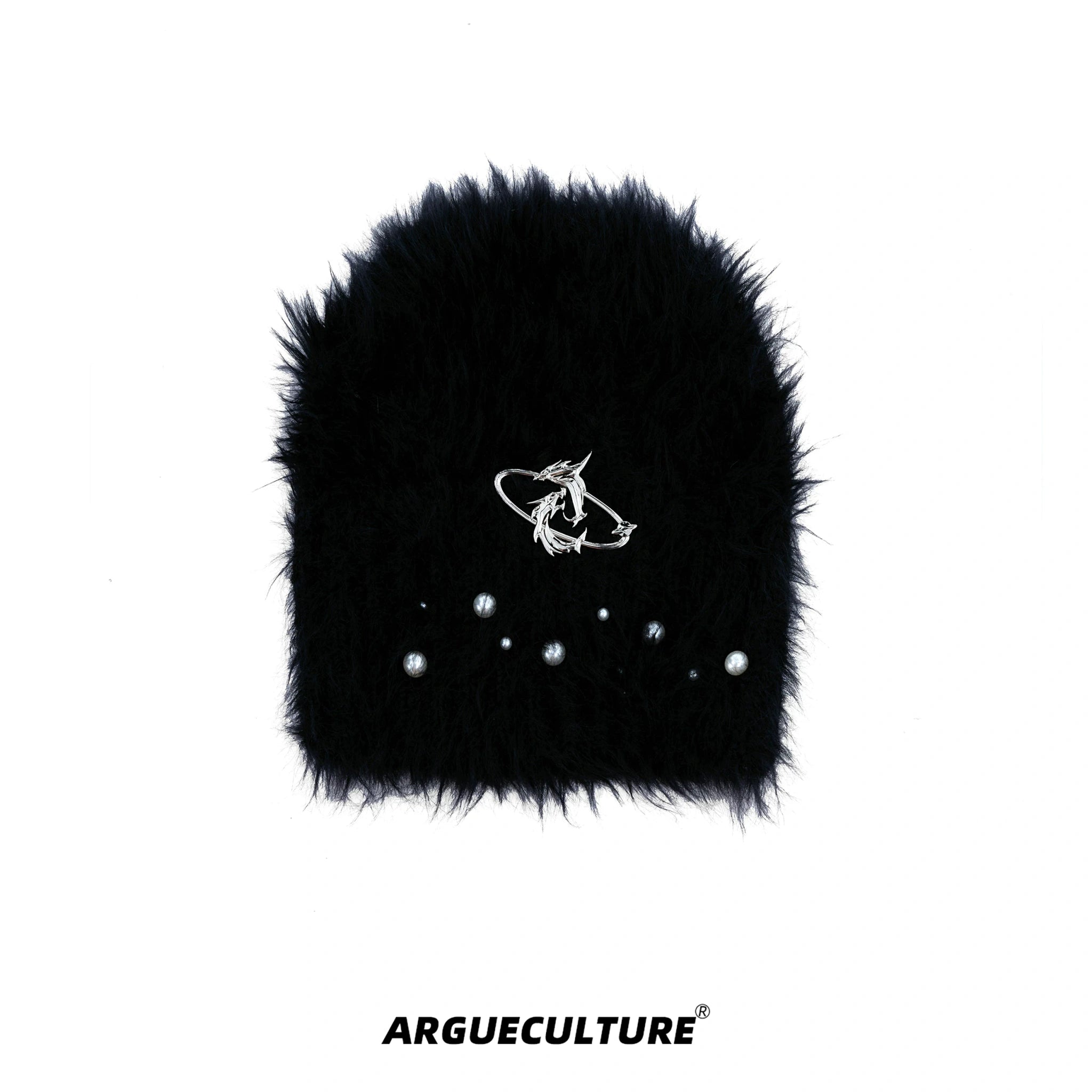 Fuzzy Knit Flat-Brim Hat with Geometric Color Blocking - Black