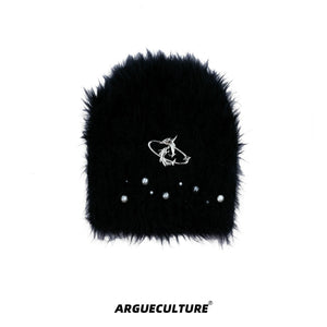 Fuzzy Knit Flat-Brim Hat with Geometric Color Blocking - Black