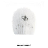 Fuzzy Knit Flat-Brim Hat with Geometric Color Blocking - White