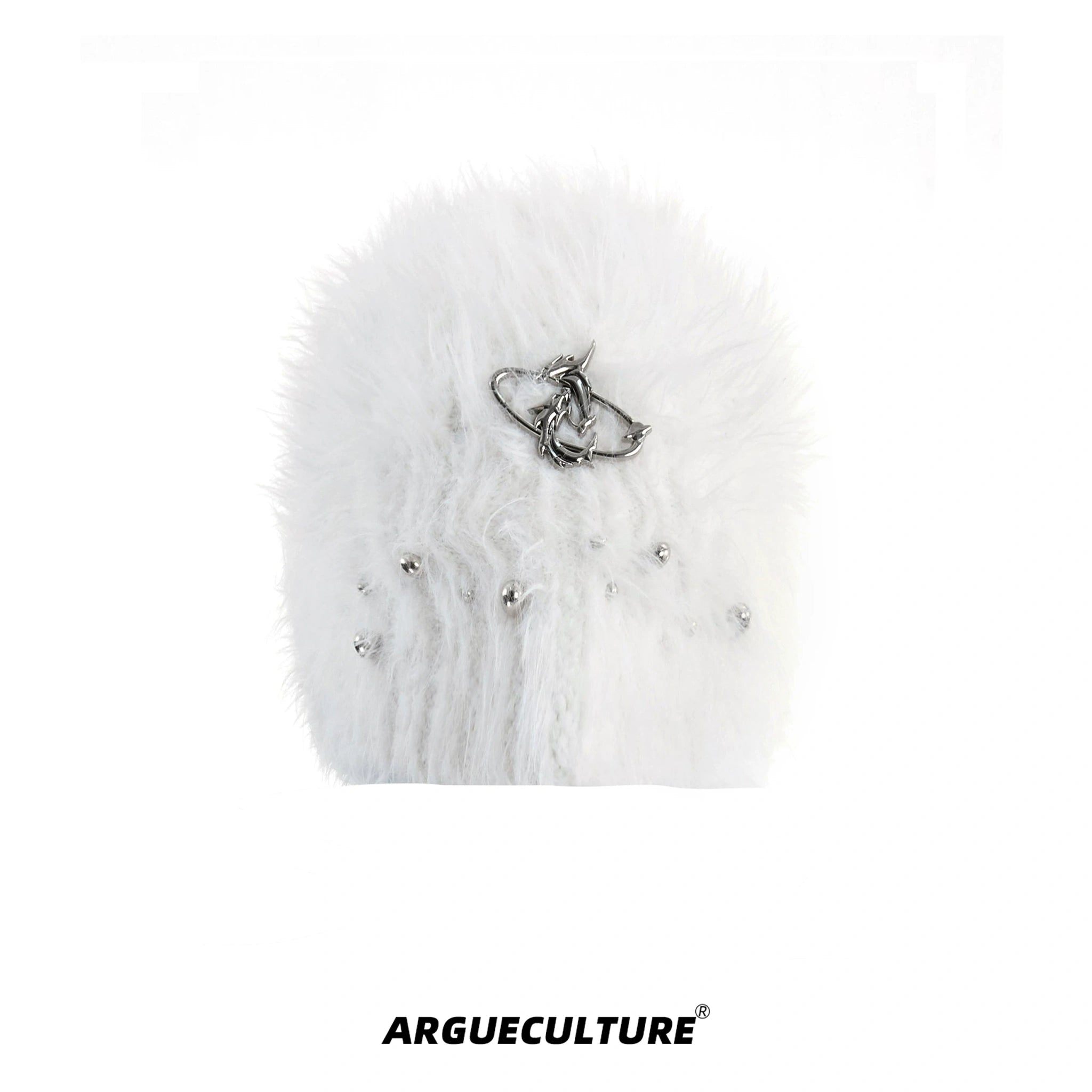 Fuzzy Knit Flat-Brim Hat with Geometric Color Blocking - White