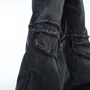 Washed Water-Ripple Frayed Straight-Leg Jeans - main image 4