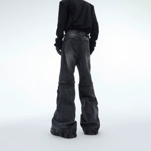 Washed Water-Ripple Frayed Straight-Leg Jeans - main image 5