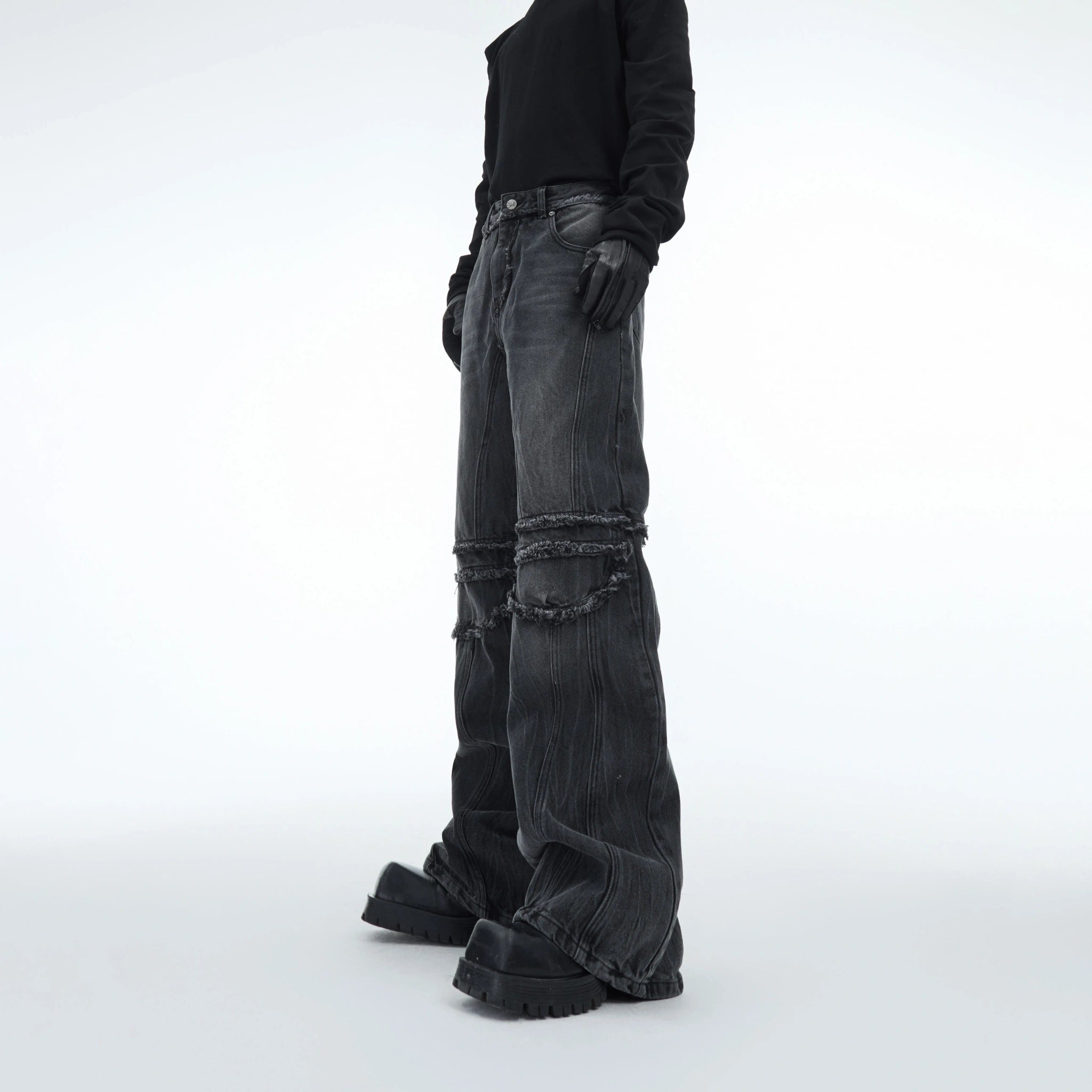 Washed Water-Ripple Frayed Straight-Leg Jeans - Washed Blue
