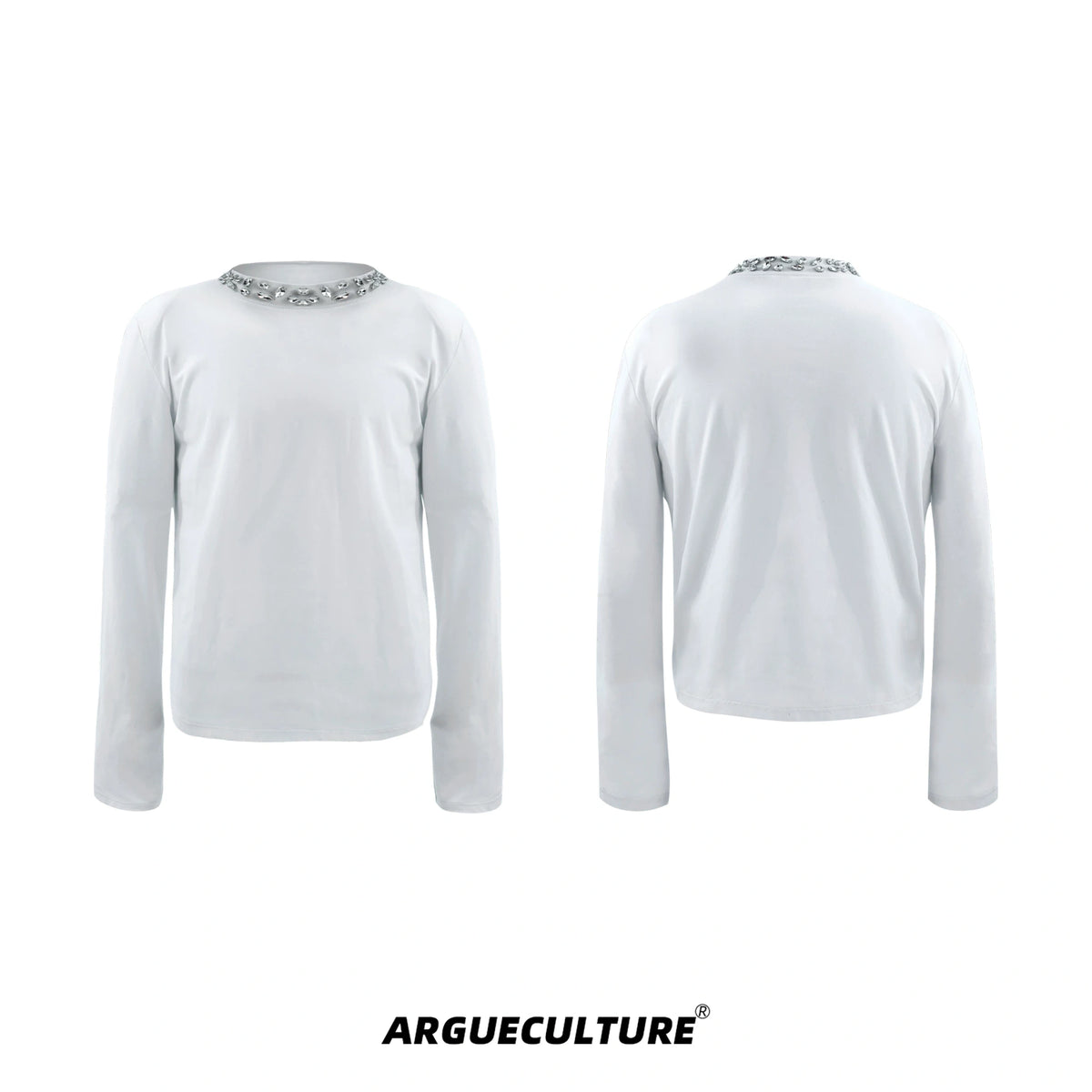 Rhinestone Cotton Blend Long-Sleeve Unisex T-Shirt - White